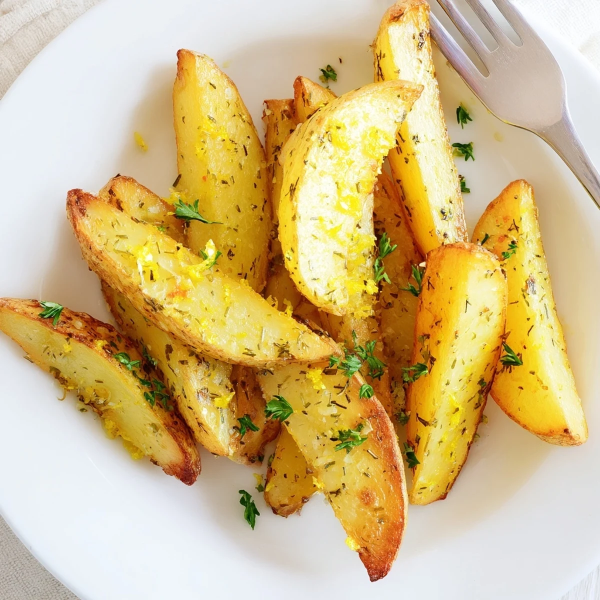 Golden-brown crispy Lemon Potato Wedges with fresh parsley and lemon wedges on a rustic platter.