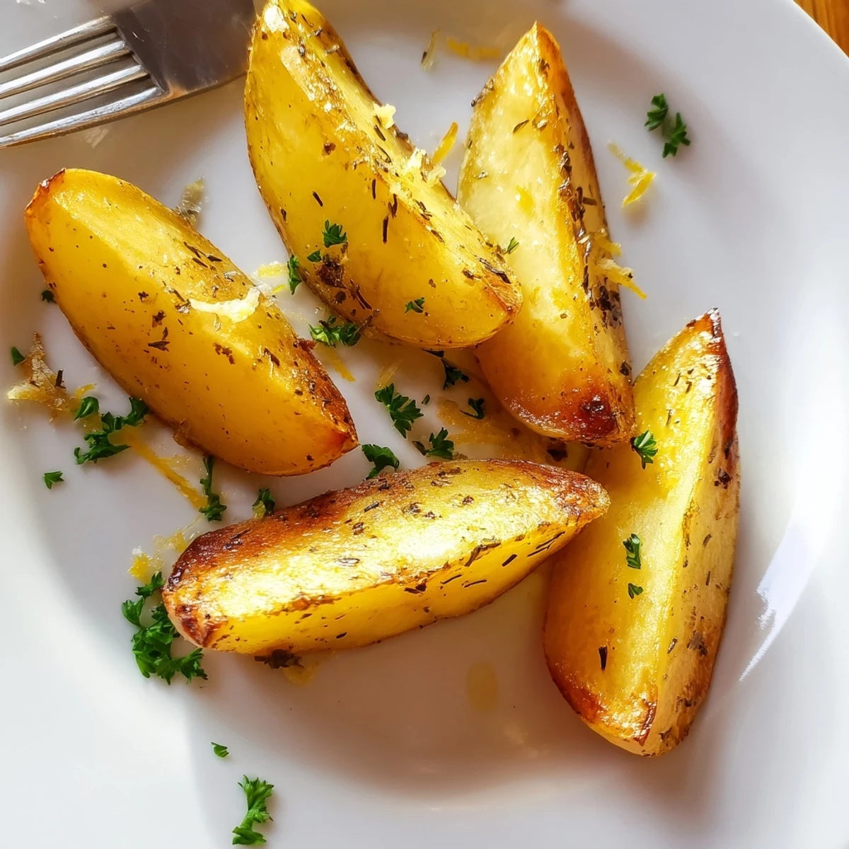 Seasoned Lemon Potato Wedges on a baking sheet, garnished with parsley and lemon zest.