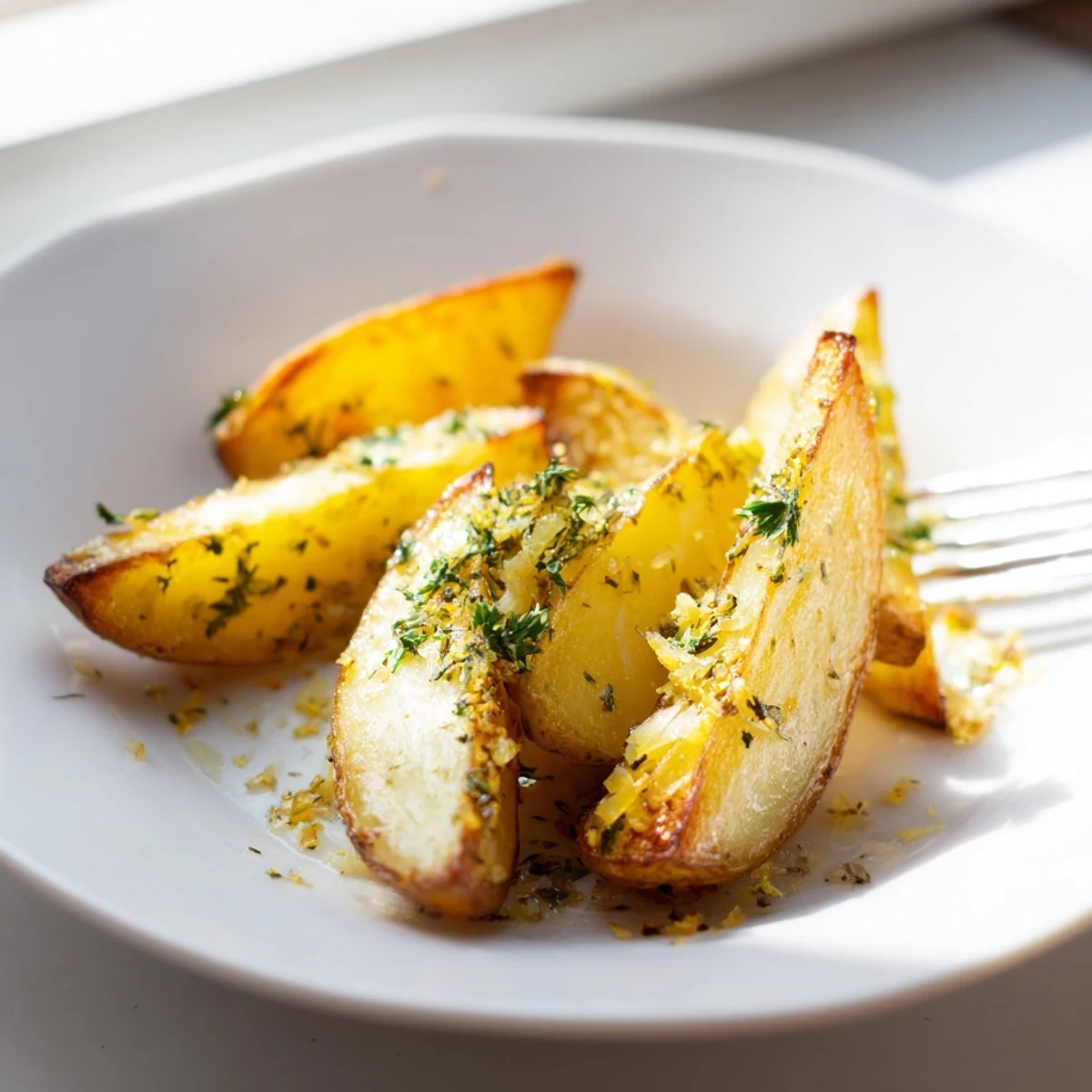 Freshly baked Lemon Potato Wedges with herbs and garlic served beside creamy tzatziki dip.