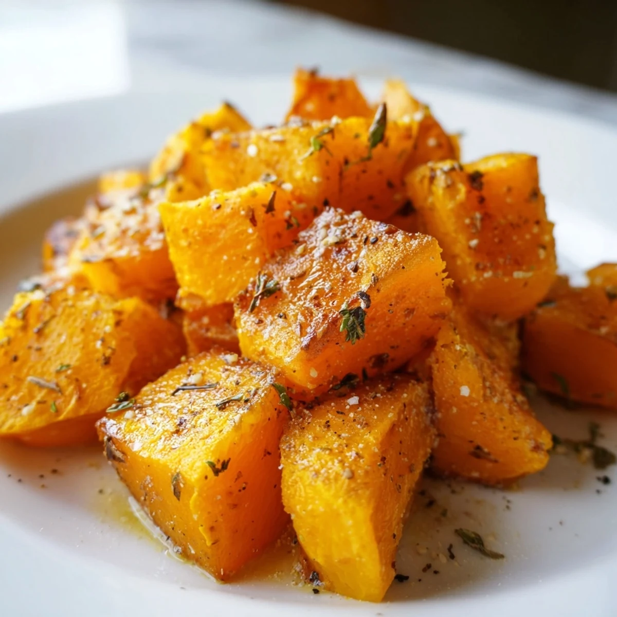 Golden roasted pumpkin cubes seasoned with thyme and smoked paprika, served hot as a savory vegan side dish.