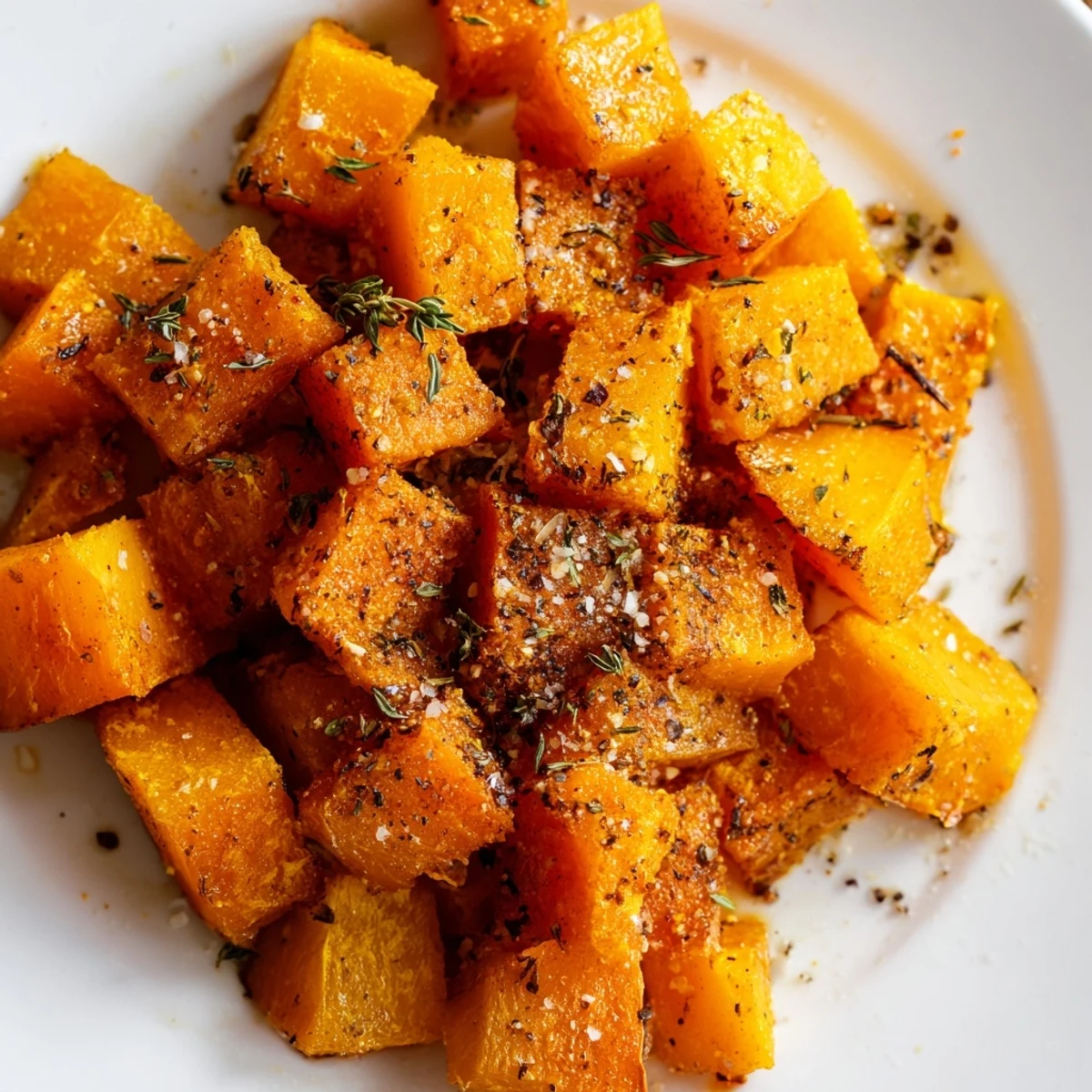 Freshly roasted pumpkin cubes with crispy edges, lightly seasoned, perfect for a healthy vegetarian snack or meal.