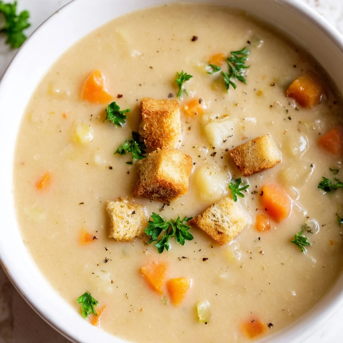 Creamy Soup Bowl garnished with fresh parsley and crunchy croutons, served steaming in a rustic bowl.