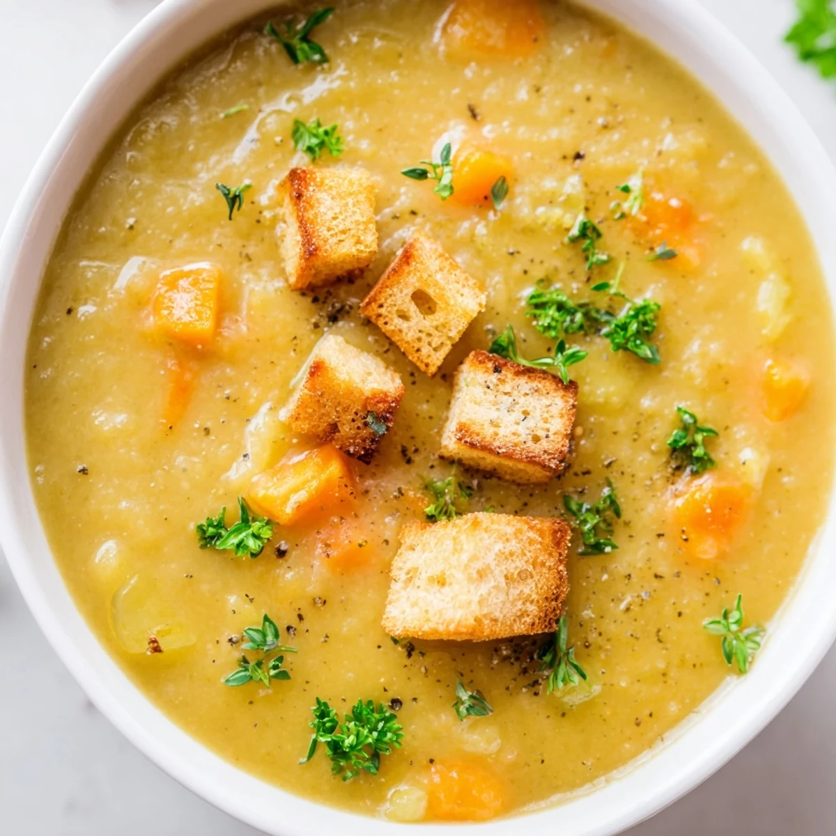 A ladle lifts velvety Creamy Soup Bowl over toasted bread, showing its rich, smooth texture.