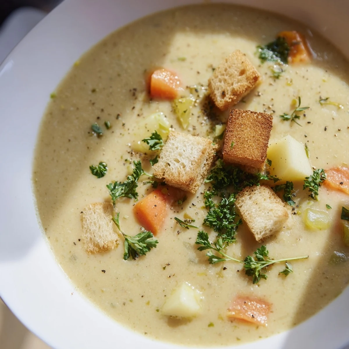 Close-up of Creamy Soup Bowl topped with parsley, revealing creamy consistency and tender vegetable bits.