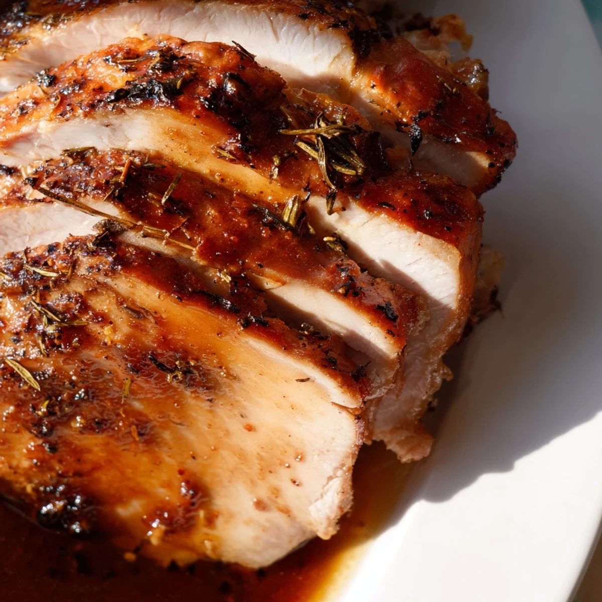 Fresh thyme and rosemary garnish the sliced Turkey Pan Roast, surrounded by soft roasted garlic cloves and celery.