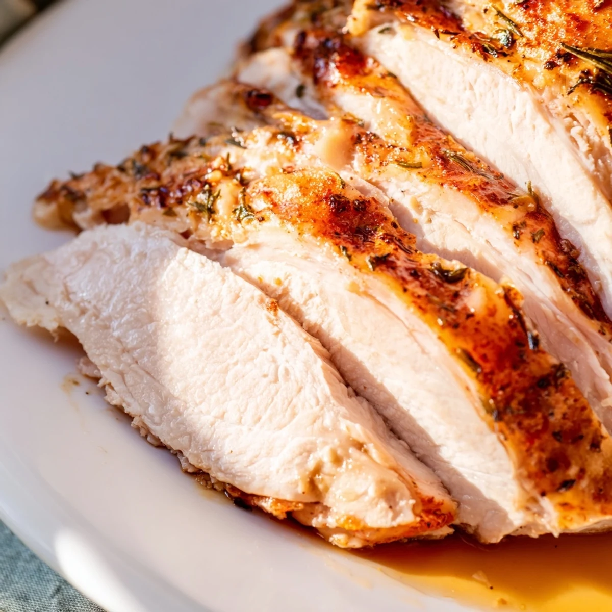 A close-up of juicy Turkey Pan Roast shows succulent meat and crispy skin, ready to be served for dinner.