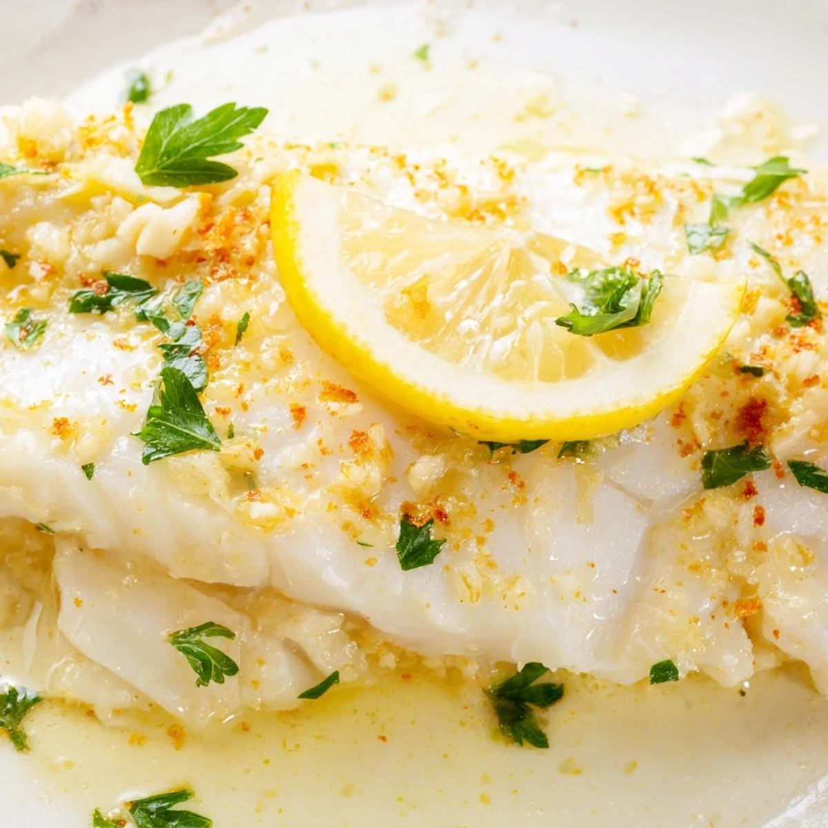 Golden-brown Baked Fish with Lemon Butter, topped with fresh parsley and lemon slices, flaking easily on a white plate.