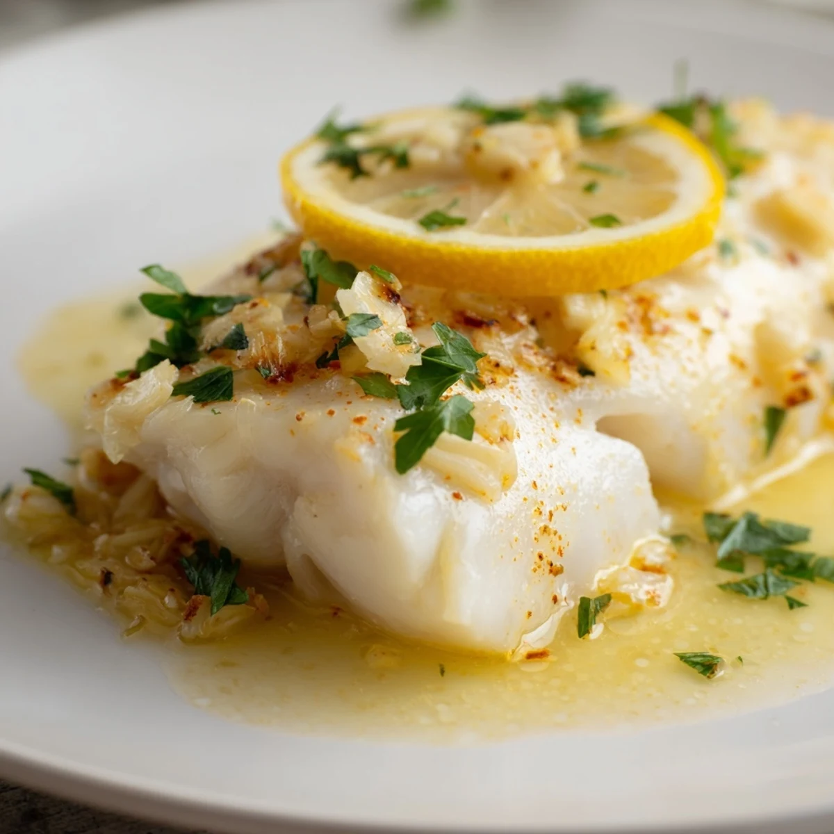 Tender Baked Fish with Lemon Butter fresh from the oven, glistening with melted butter and minced garlic.