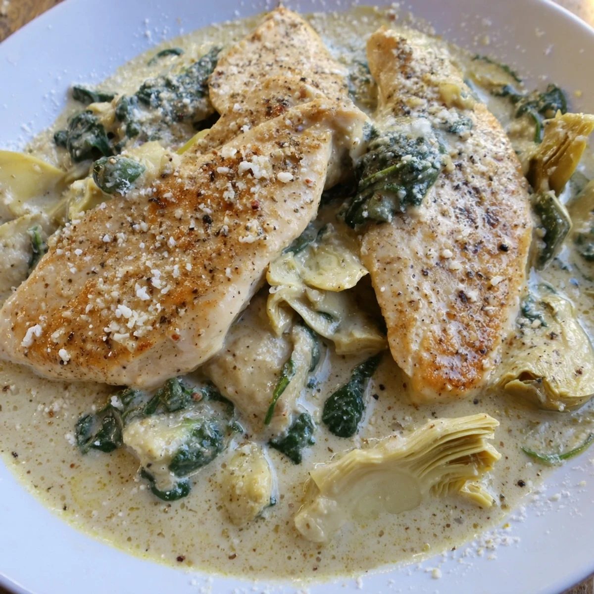 Golden seared chicken breasts in a creamy spinach and artichoke skillet, bubbling with garlicky sauce and fresh herbs.