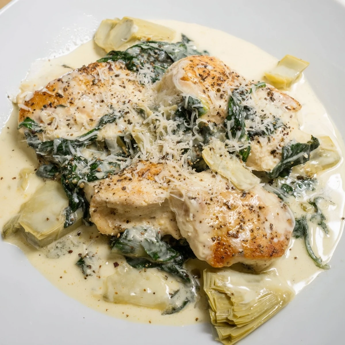 Sizzling skillet of creamy spinach and artichoke chicken, garnished with fresh parsley and extra Parmesan cheese.