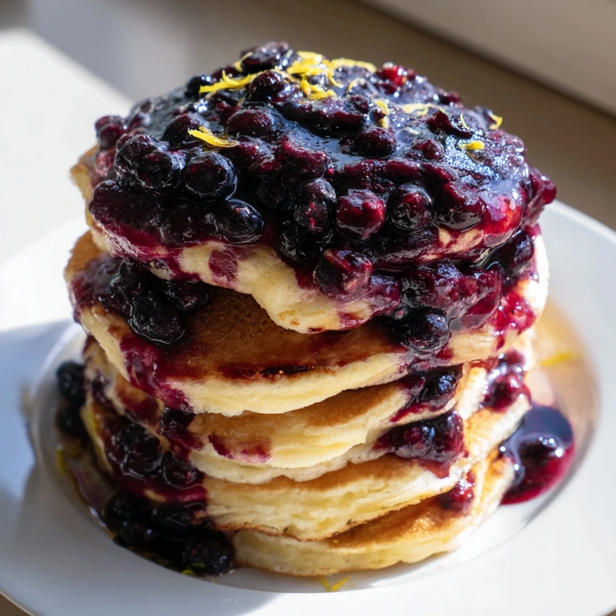 Fluffy Lemon Ricotta Pancakes with Blueberry Syrup stacked high, warm syrup drizzled over the golden stack for a cozy breakfast.