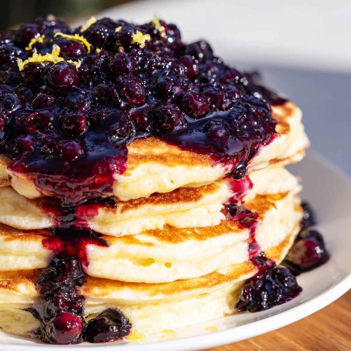 Freshly cooked Lemon Ricotta Pancakes with Blueberry Syrup served beside a pitcher of syrup on a bright brunch table.
