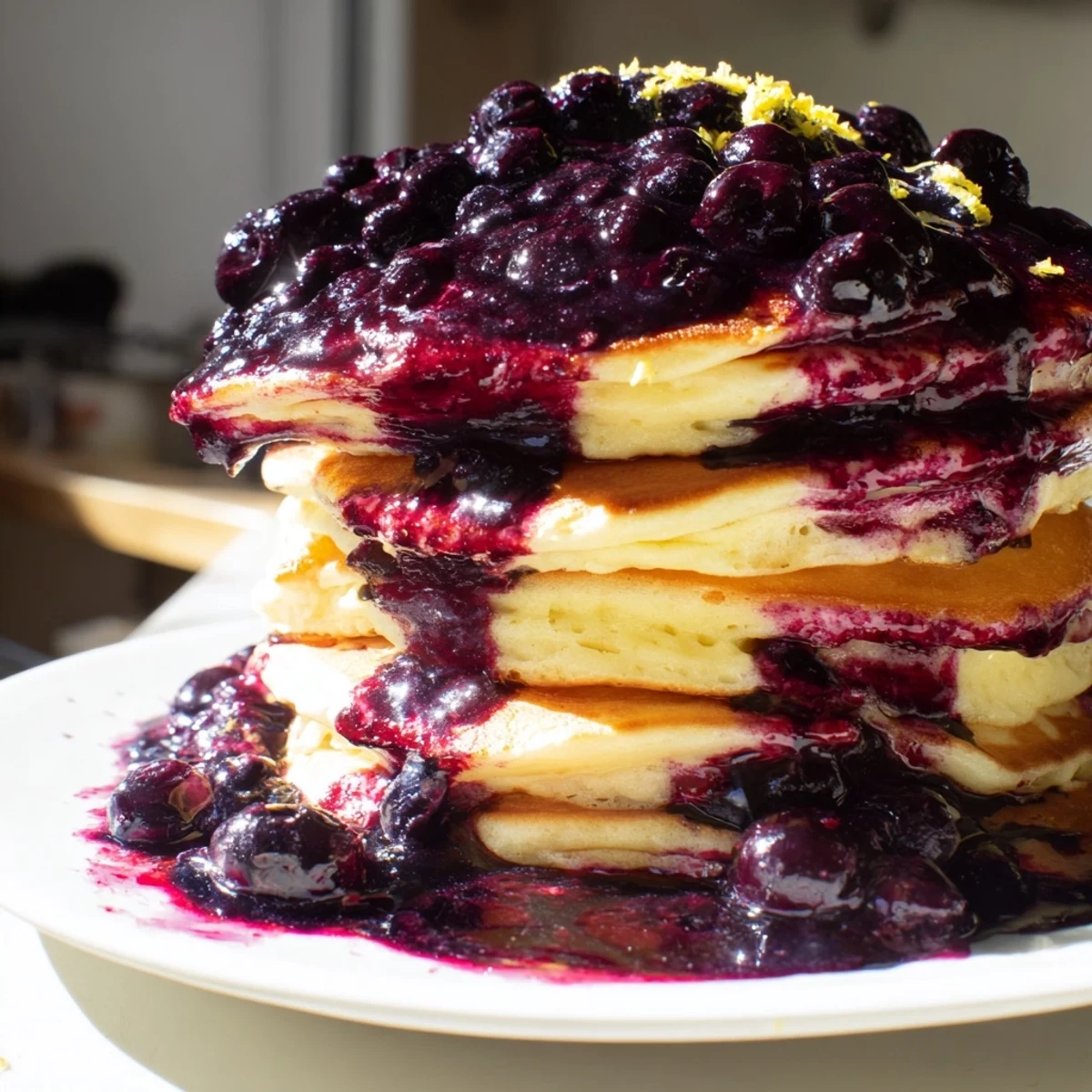 A close-up of Lemon Ricotta Pancakes with Blueberry Syrup, showing a fluffy interior and sweet purple syrup glistening on top.