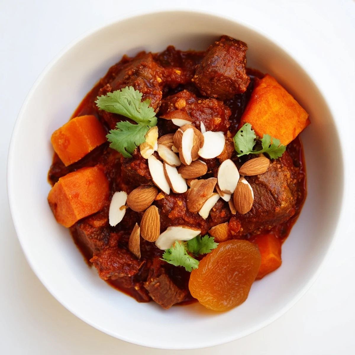 Rich tomato broth with apricots and raisins in the Slow Cooker Moroccan Lamb Tagine, topped with fresh cilantro.