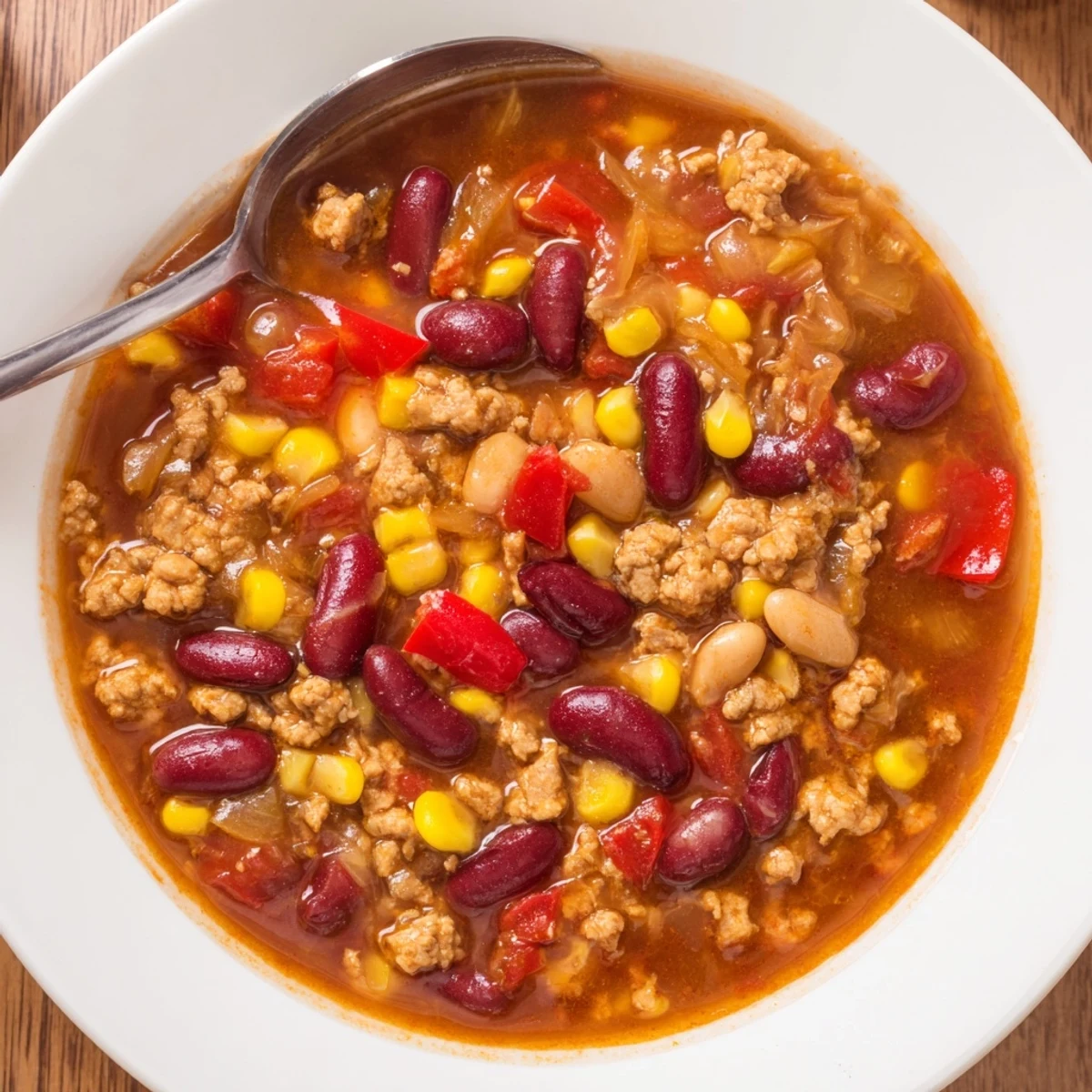 A warm bowl of Turkey Chili with Kidney Beans and Corn, topped with cilantro and a lime wedge.