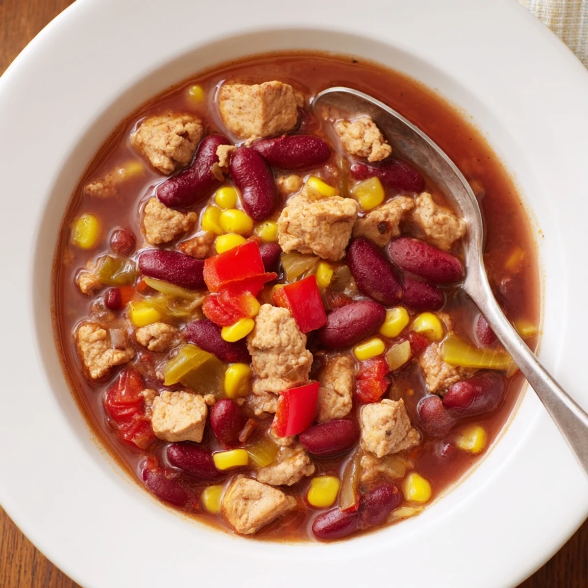 Hearty Turkey Chili with Kidney Beans and Corn simmering in a pot, with steam rising and a wooden spoon.