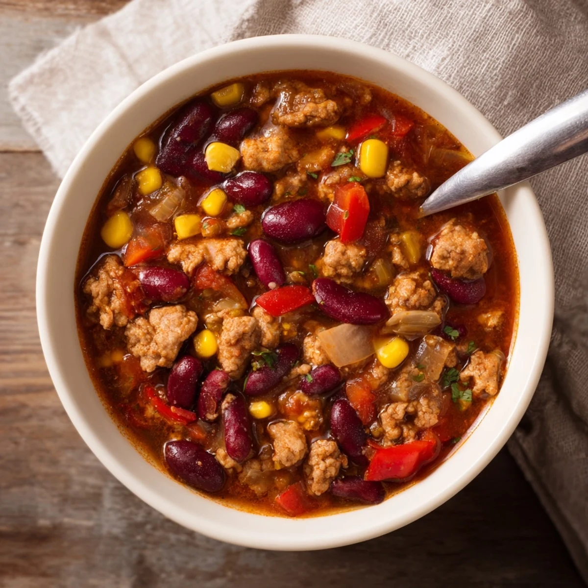 Turkey Chili with Kidney Beans and Corn served in a rustic bowl alongside crisp tortilla chips for dipping.