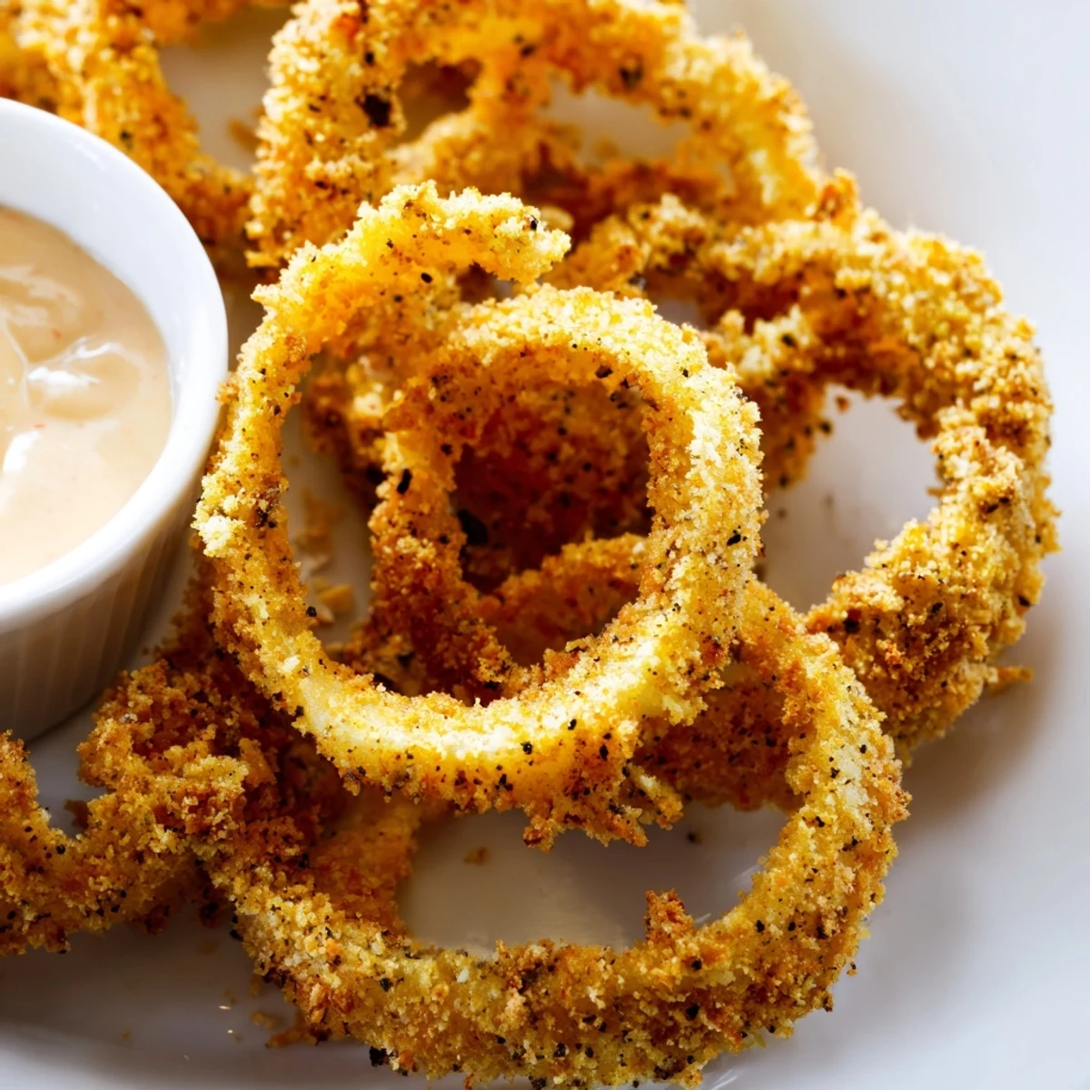 Freshly cooked Crispy Air Fryer Onion Rings with Dip arranged on a plate, showcasing golden-brown crumbs and a creamy reddish sauce for dipping.