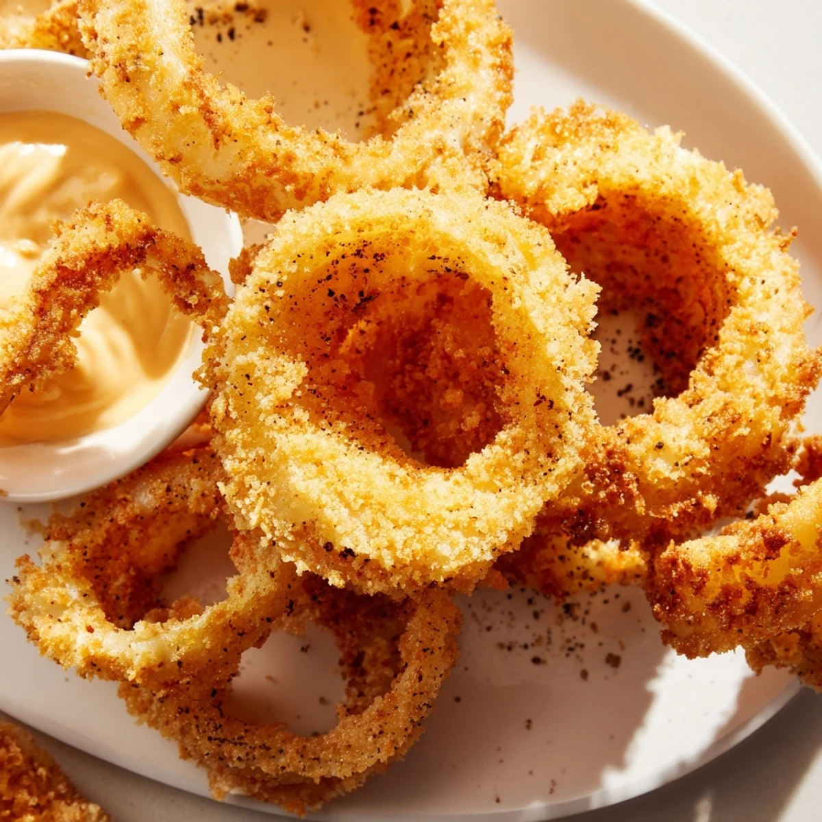 Close-up of Crispy Air Fryer Onion Rings with Dip, revealing the tender onion inside and a tangy dipping sauce in a small bowl.