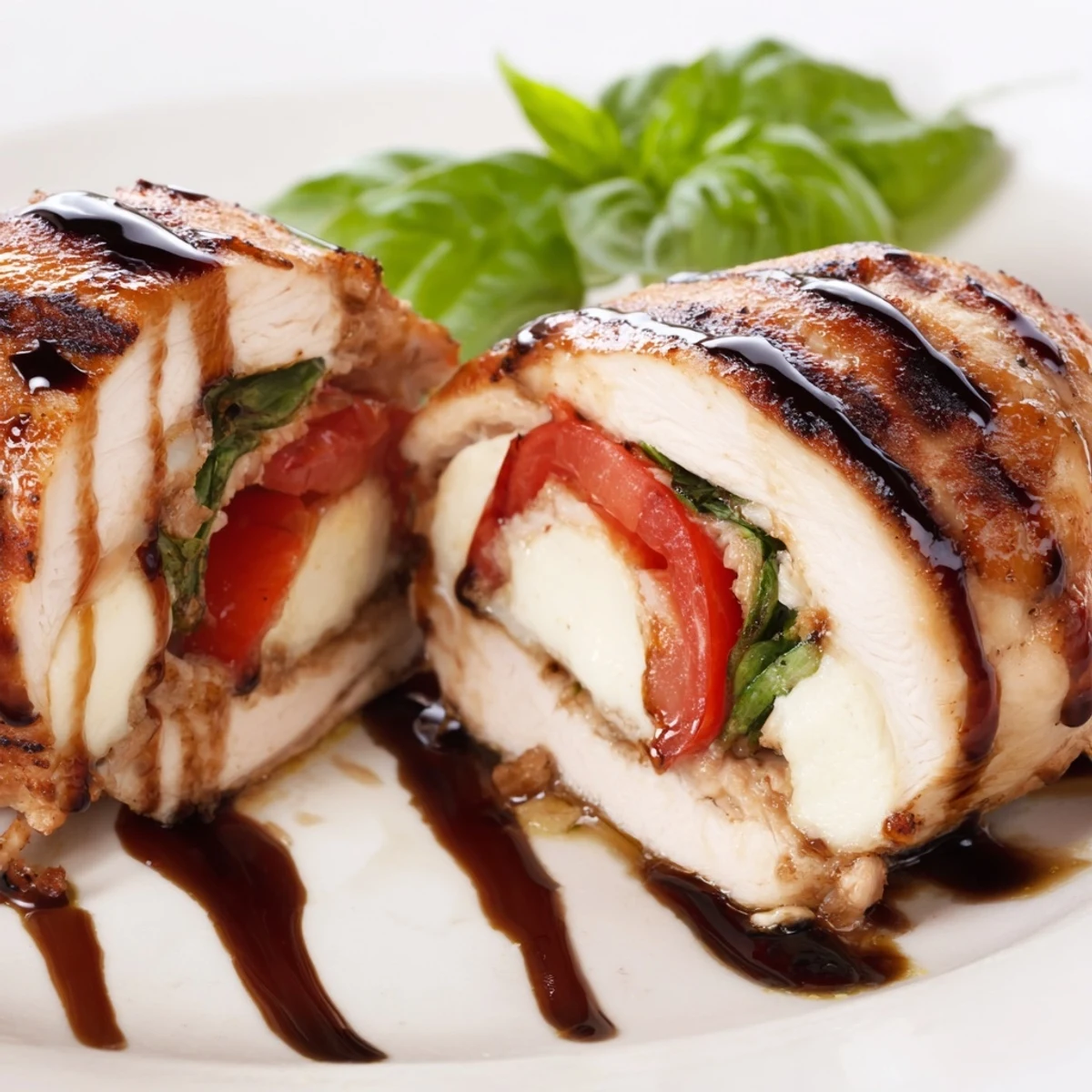 Golden-brown Caprese Stuffed Chicken Breast topped with balsamic glaze, served sliced on a white plate with fresh basil and tomatoes.