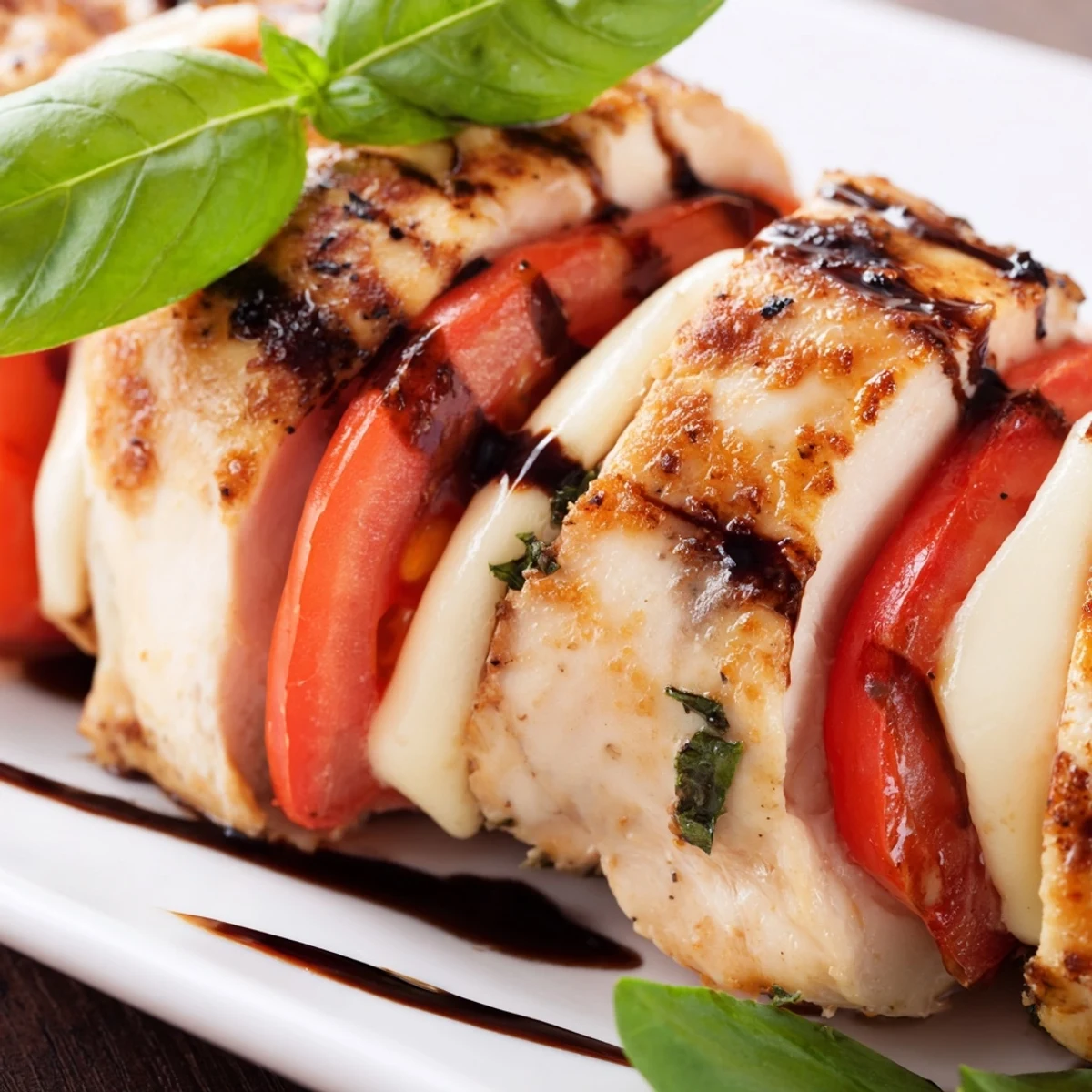 Freshly baked Caprese Stuffed Chicken Breast sliced open to reveal molten mozzarella and ripe tomatoes, drizzled with sticky balsamic glaze.