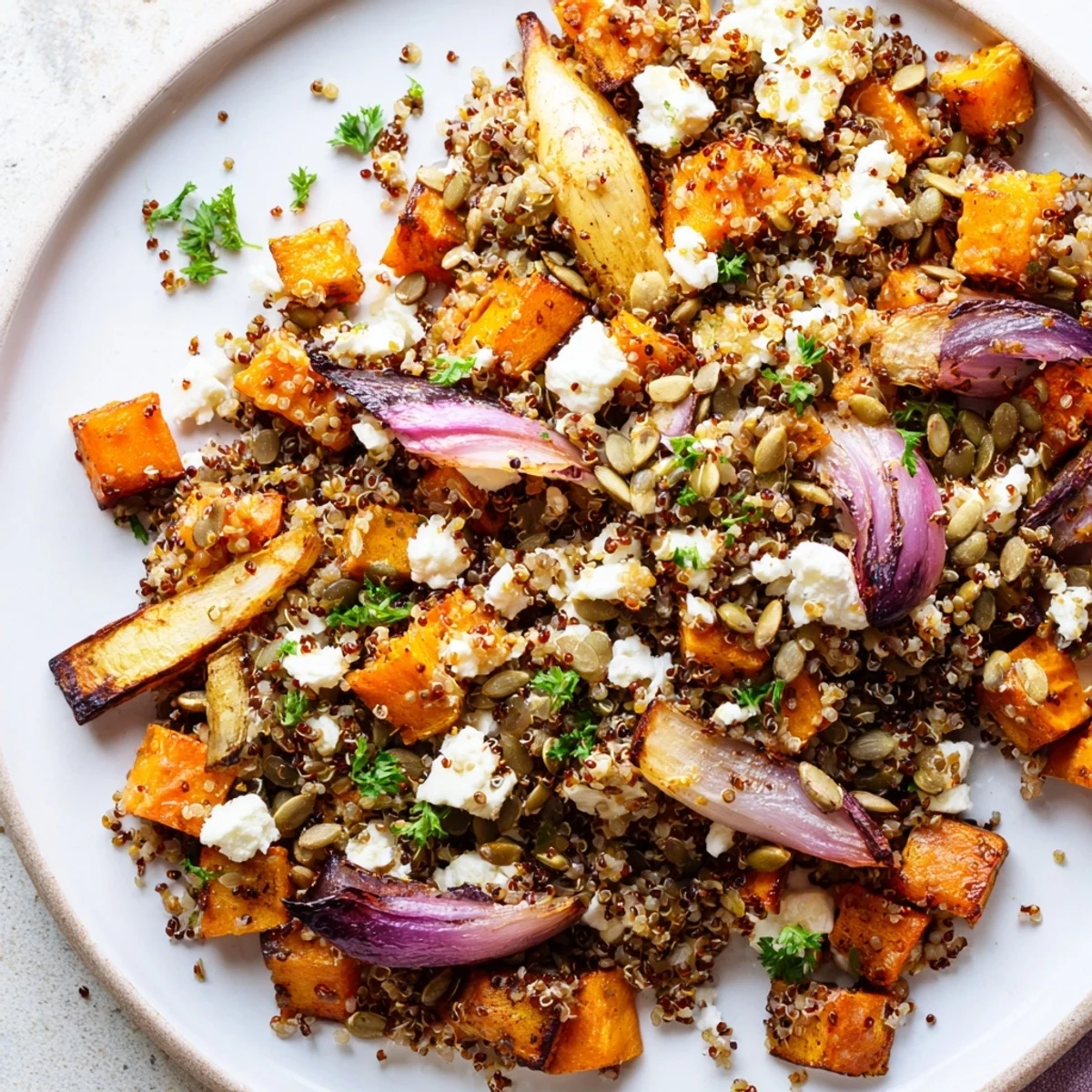 Close-up of Warm Quinoa Salad with Roasted Root Vegetables topped with crumbled feta, fresh parsley, and toasted pumpkin seeds.