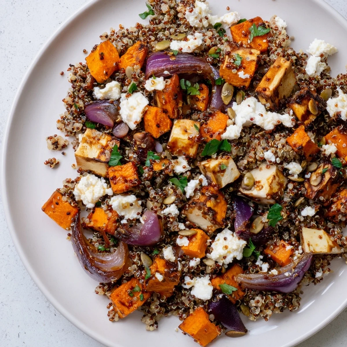 Warm Quinoa Salad with Roasted Root Vegetables served in a rustic bowl, showcasing fluffy quinoa and caramelized carrots and parsnips.