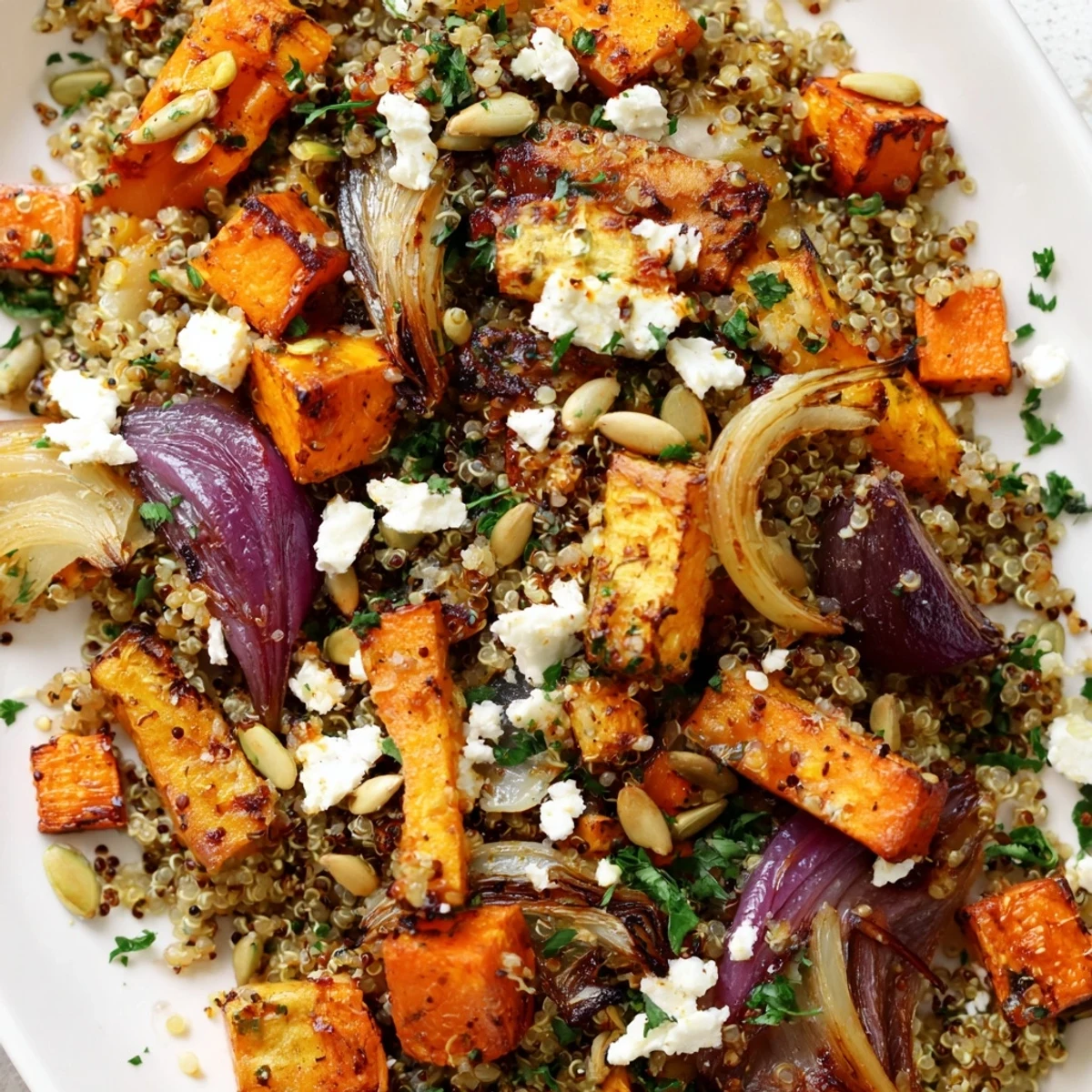 Freshly baked Warm Quinoa Salad with Roasted Root Vegetables garnished with herbs, ready to serve as a nourishing main dish.