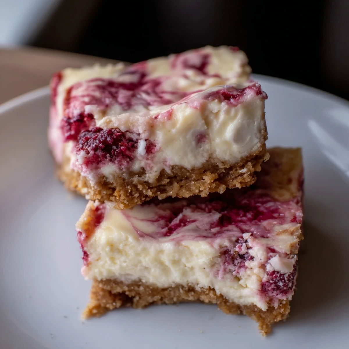 Freshly baked Raspberry White Chocolate Cheesecake Bars with a golden graham cracker crust and marbled pink swirls on a marble slab.