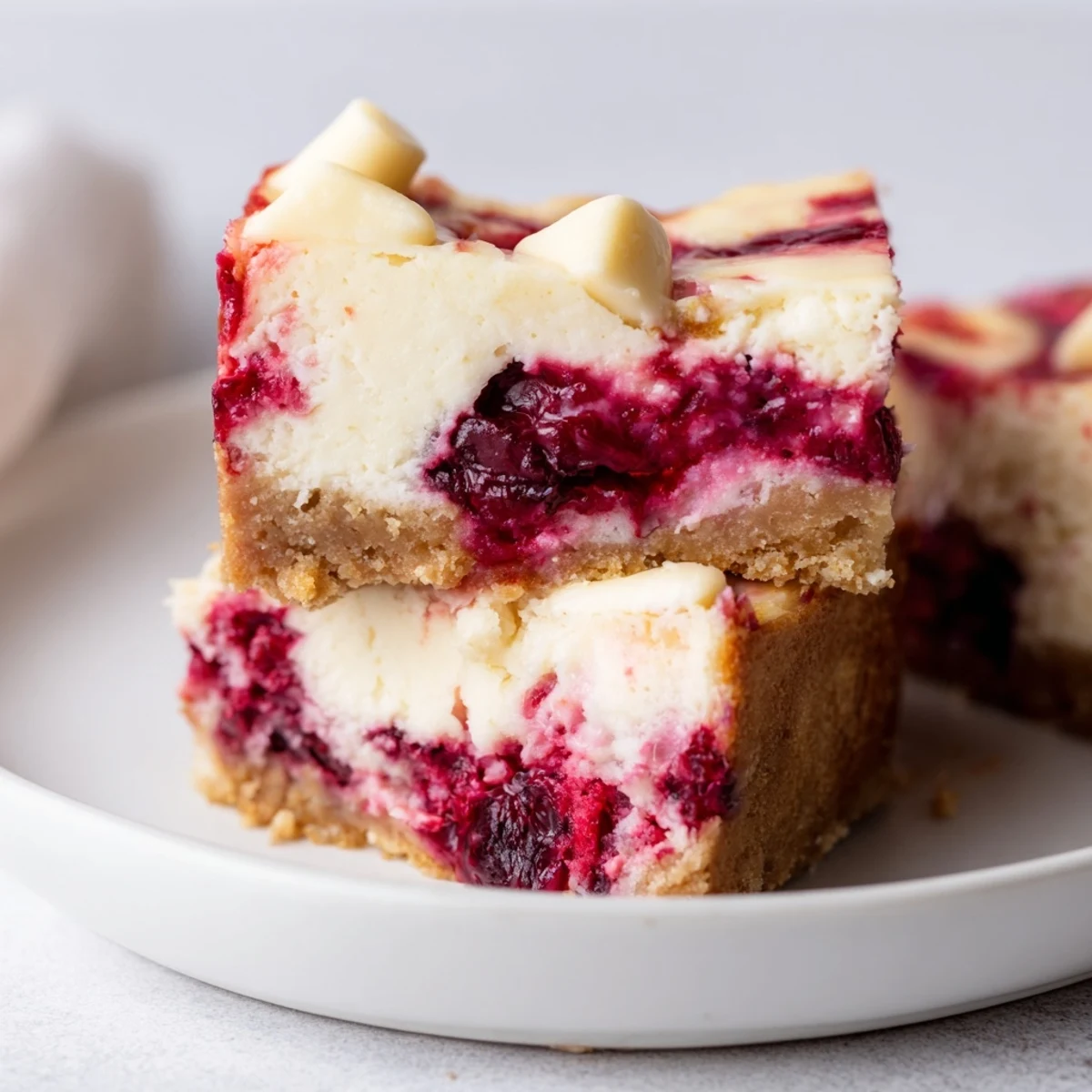 Square slice of Raspberry White Chocolate Cheesecake Bars on a white plate with fresh raspberries and mint leaves for a festive dessert.