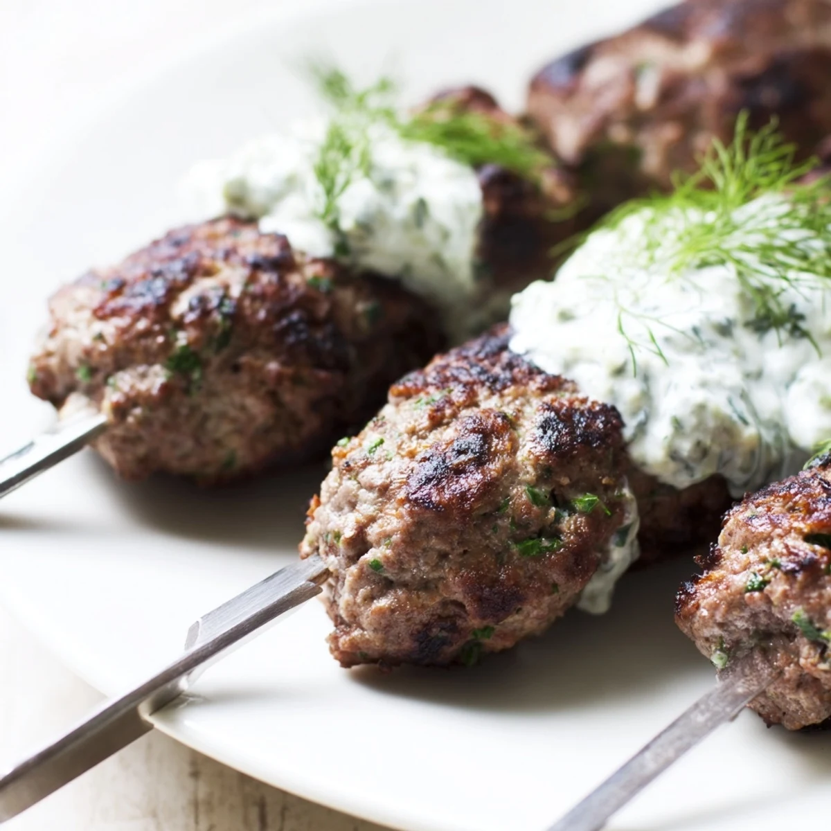 Eight spiced beef kofta kebabs arranged on a platter with a bowl of cucumber yogurt sauce and fresh pita bread.