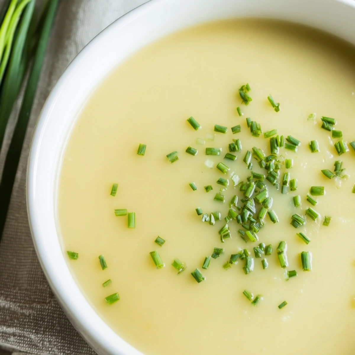 A bowl of Creamy Potato Leek Soup with Chives served with crusty bread on a wooden table.
