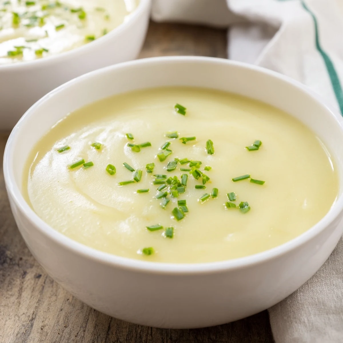 Close-up of Creamy Potato Leek Soup with Chives showing its velvety texture and chopped green chives.