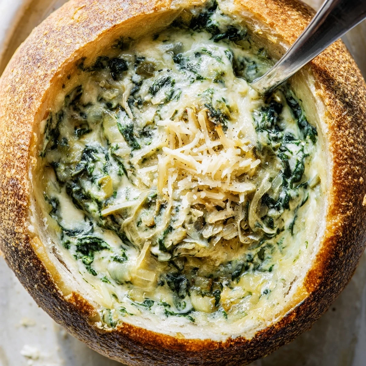Golden, bubbling Creamy Spinach Dip served inside a hollowed sourdough bread bowl on a rustic table.