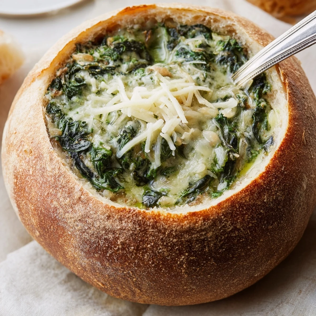 Freshly baked Creamy Spinach Dip in a sourdough bread bowl, ready to serve at a cozy party.