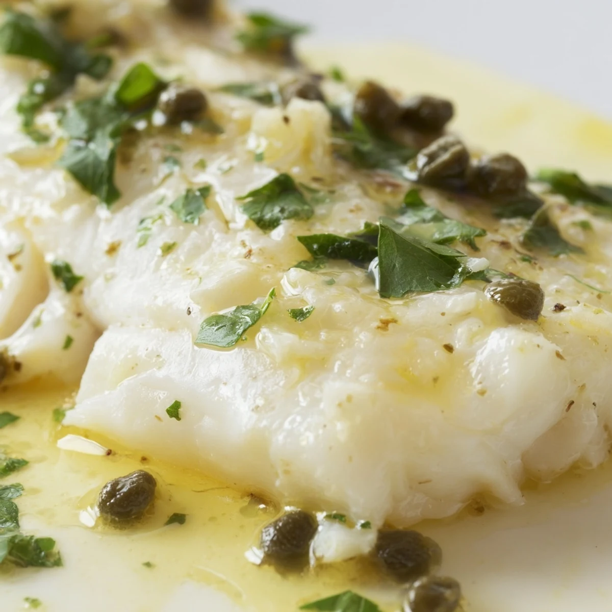 Golden-brown Baked Haddock with Lemon, Capers, and Butter rests in a white baking dish, garnished with fresh parsley.