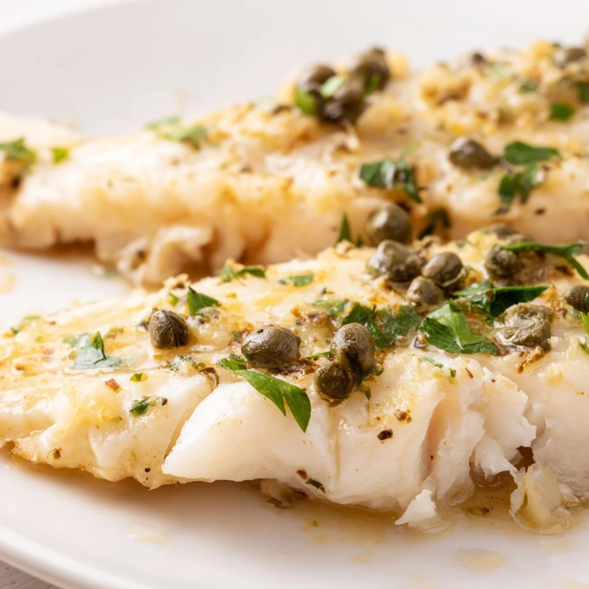 Freshly baked Baked Haddock with Lemon, Capers, and Butter features a savory lemon-butter sauce and green caper accents.