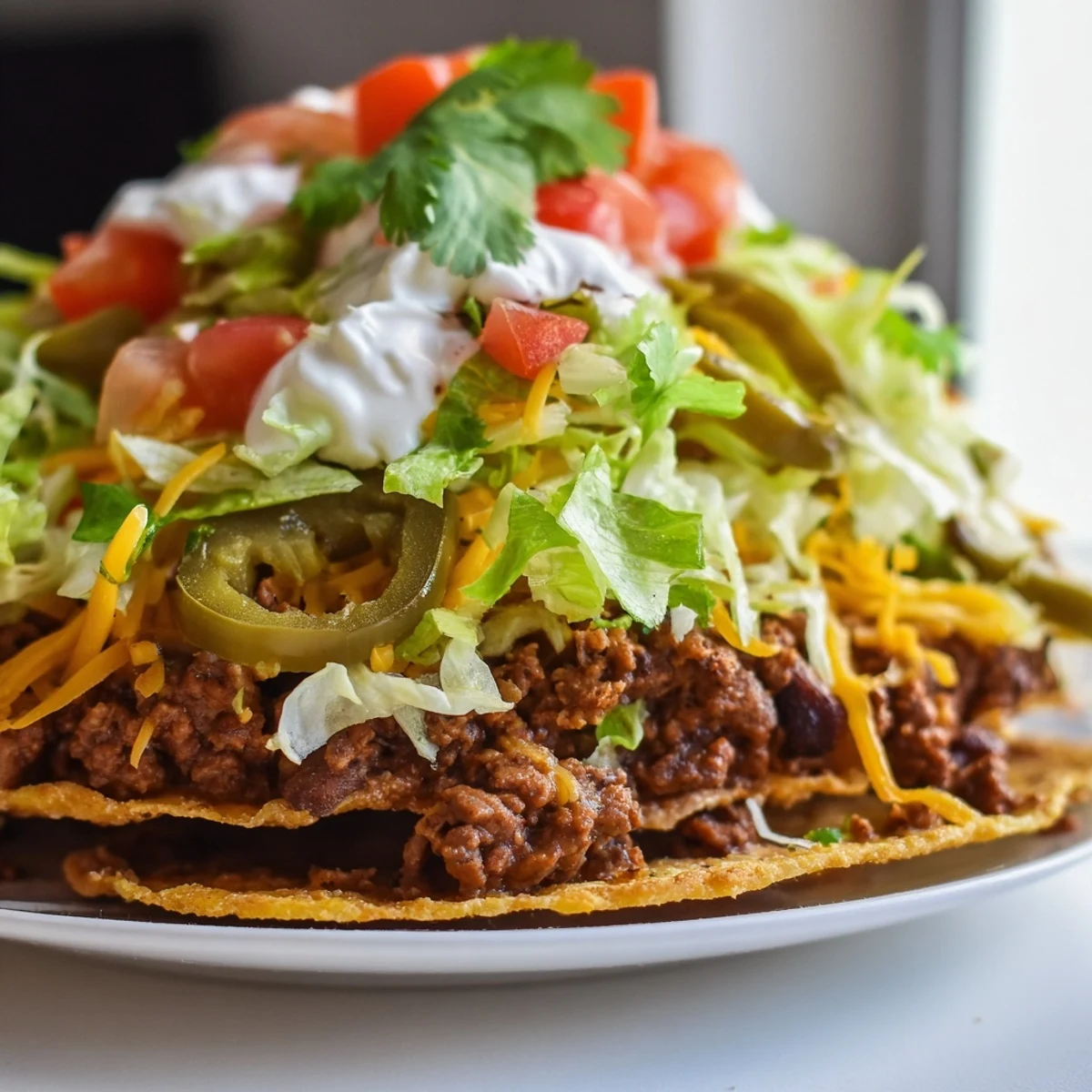 Golden, crispy corn tostadas layered with creamy refried beans and savory, spiced ground beef.