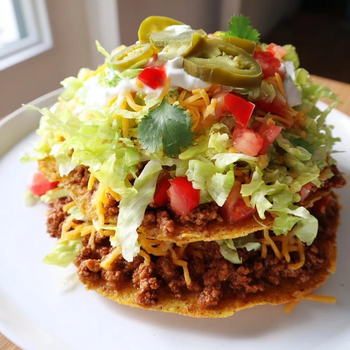 Freshly prepared Beef Tostadas garnished with cilantro, jalapeños, and a lime wedge on the side.