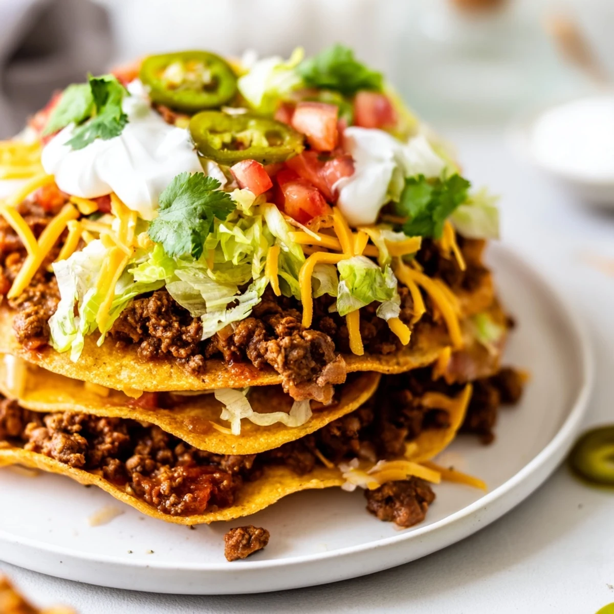 A platter of fully assembled Beef Tostadas topped with fresh lettuce, melty cheese, and diced tomatoes.