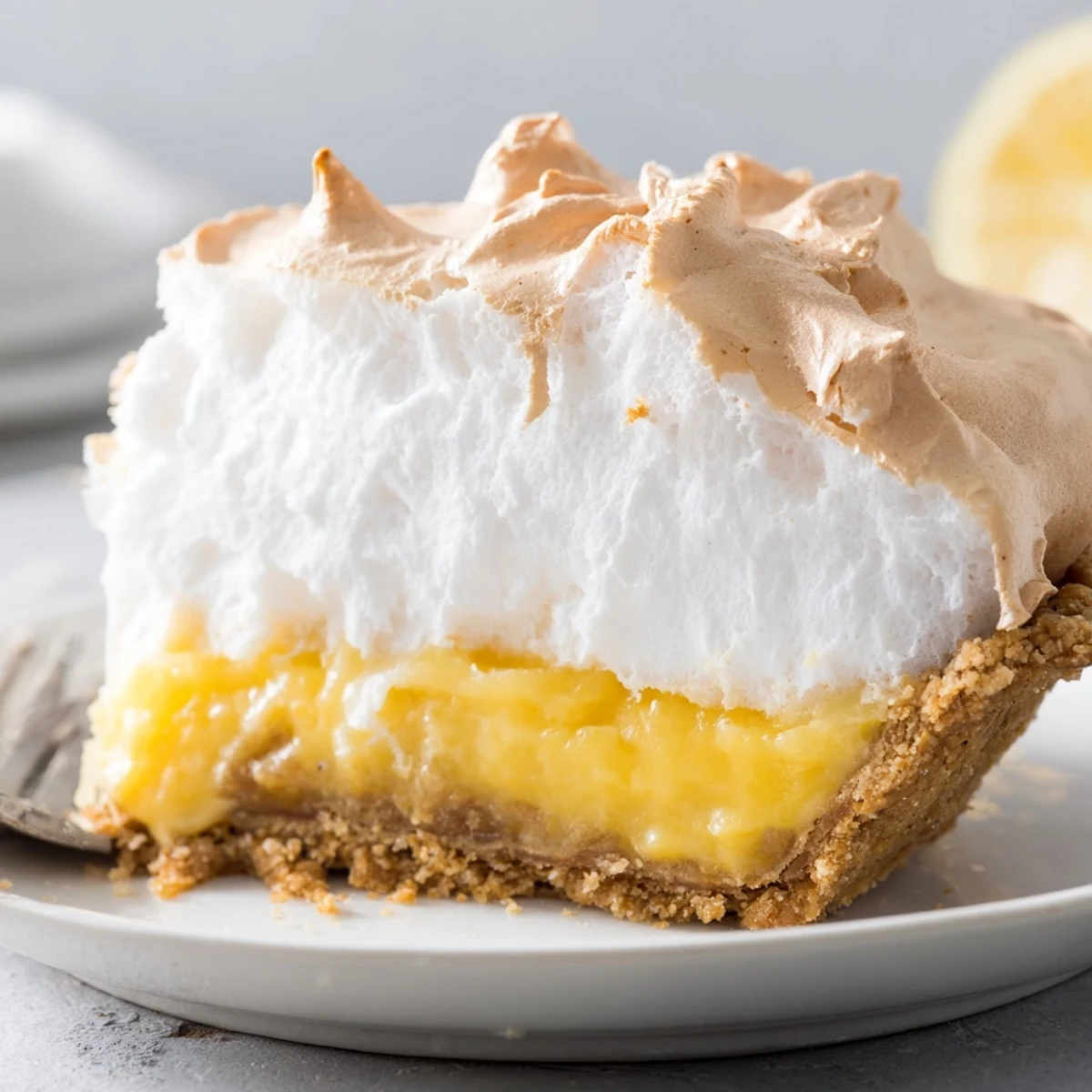 Slices of homemade Lemon Meringue Pie reveal tangy yellow filling and a buttery graham cracker crust base.