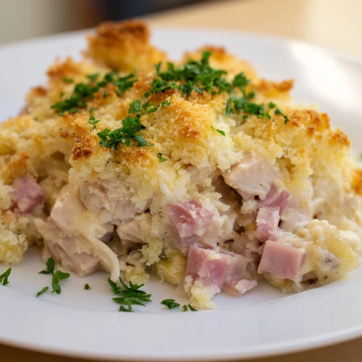 Close-up of Chicken Cordon Bleu Casserole with Breadcrumb Topping showing golden, buttery breadcrumbs, Swiss cheese, and tender chunks of meat.