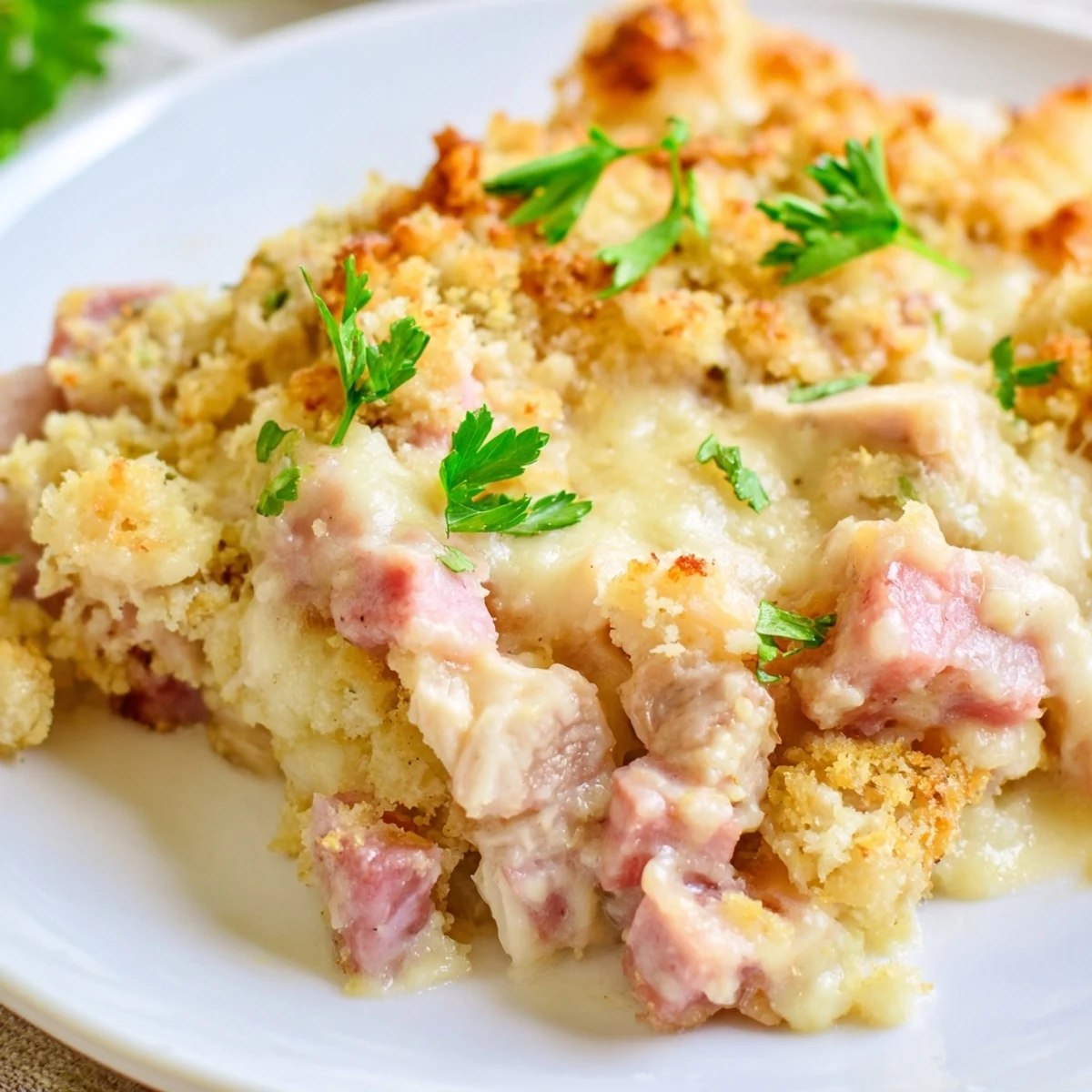 Sliced serving of Chicken Cordon Bleu Casserole with Breadcrumb Topping on a white plate, revealing creamy Dijon sauce, ham, and chicken.