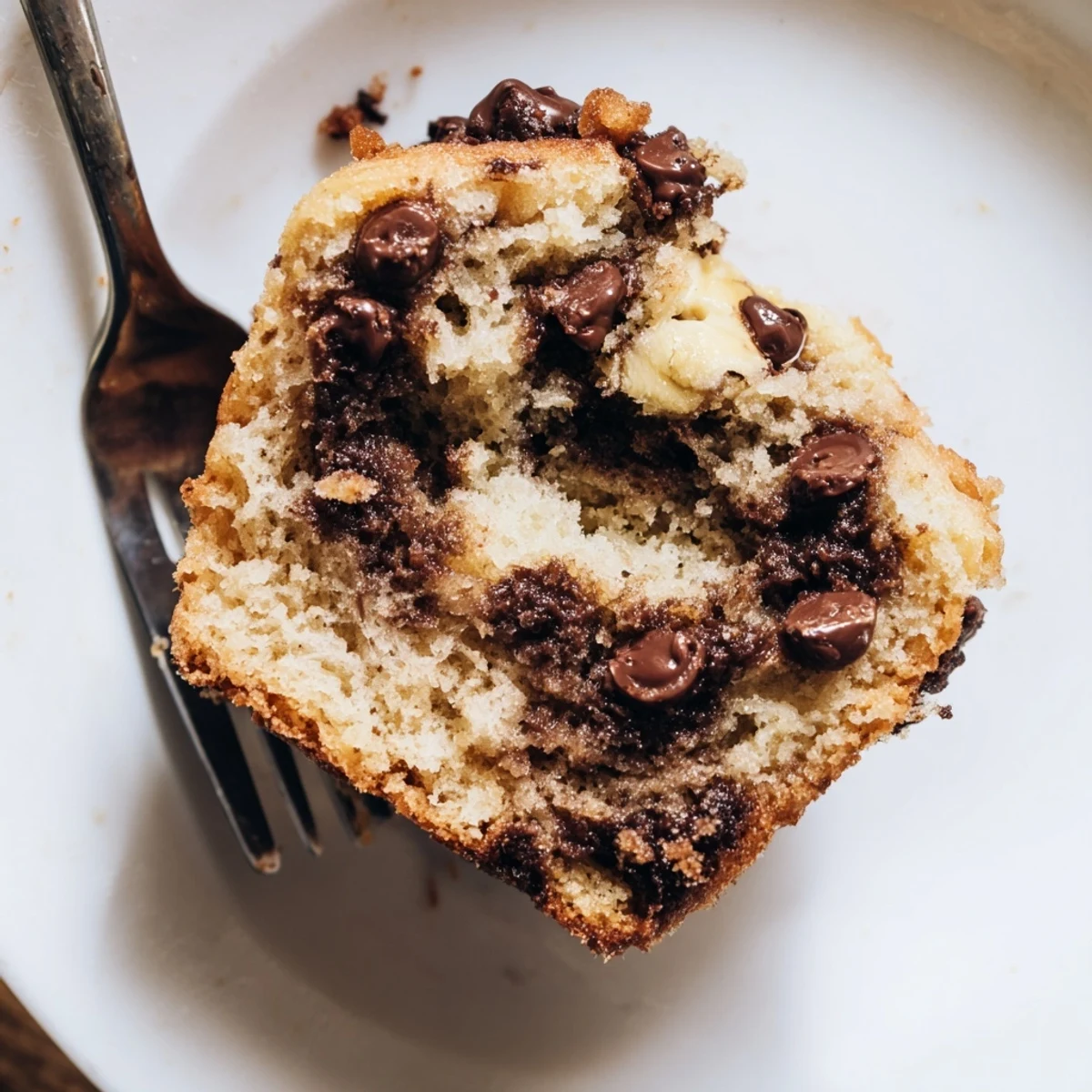 Freshly baked Chocolate Banana Muffins with melted chocolate chips sit on a wire cooling rack, radiating warmth.