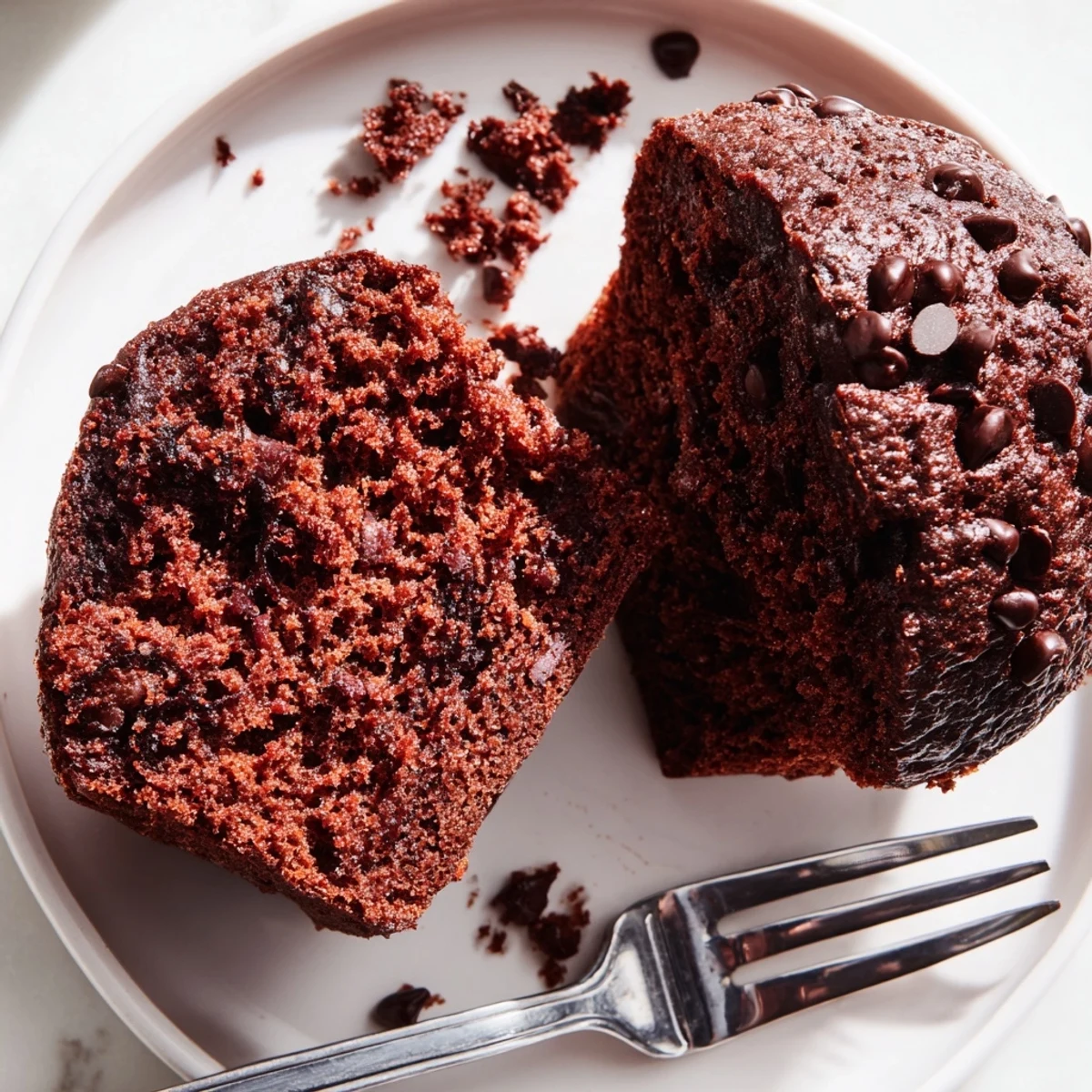 Inside a muffin tin, twelve golden-brown Chocolate Banana Muffins with gooey chocolate chips are ready to be served.