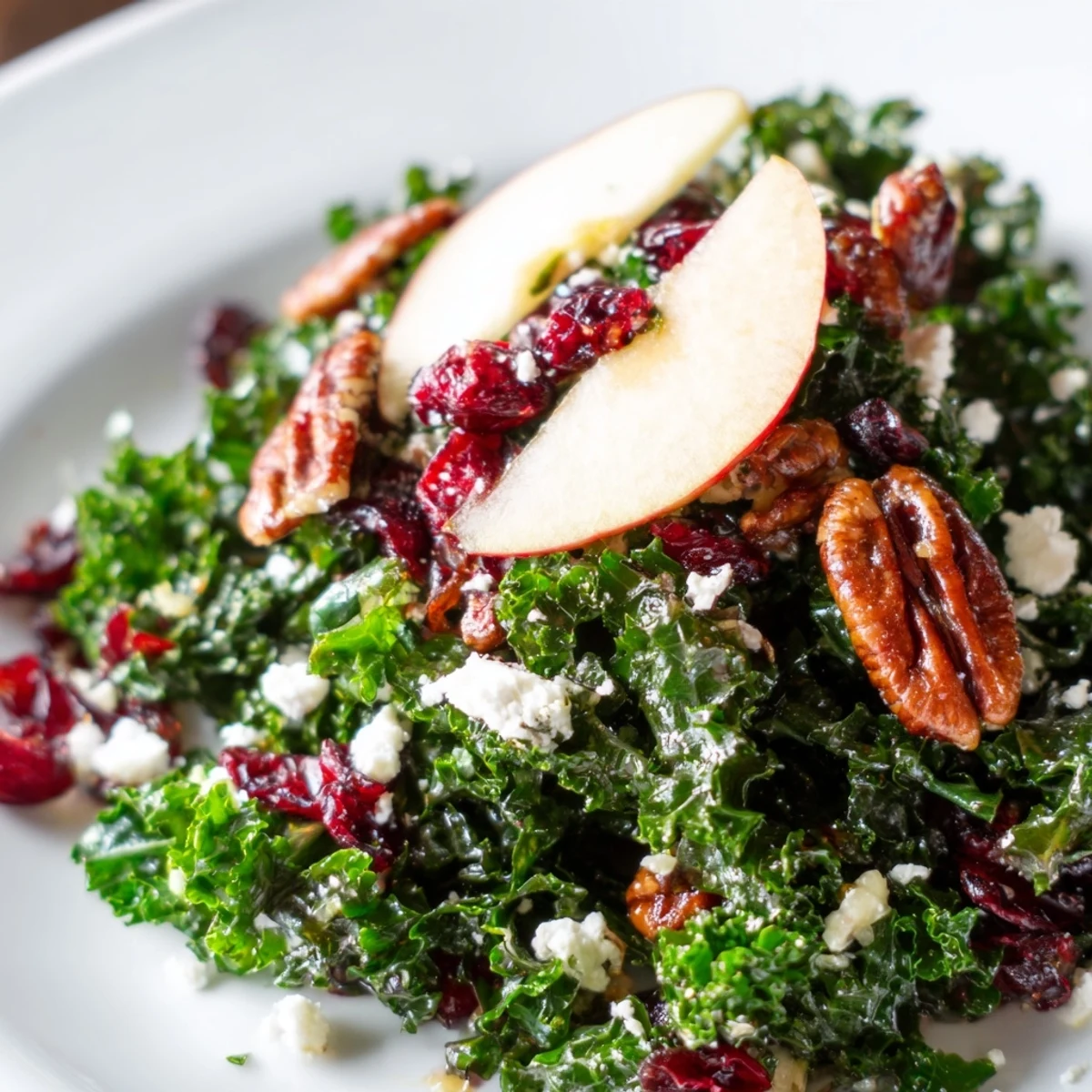 Winter Kale Salad with Dried Cranberries served in a rustic wooden bowl, topped with crumbled goat cheese and chopped pecans.