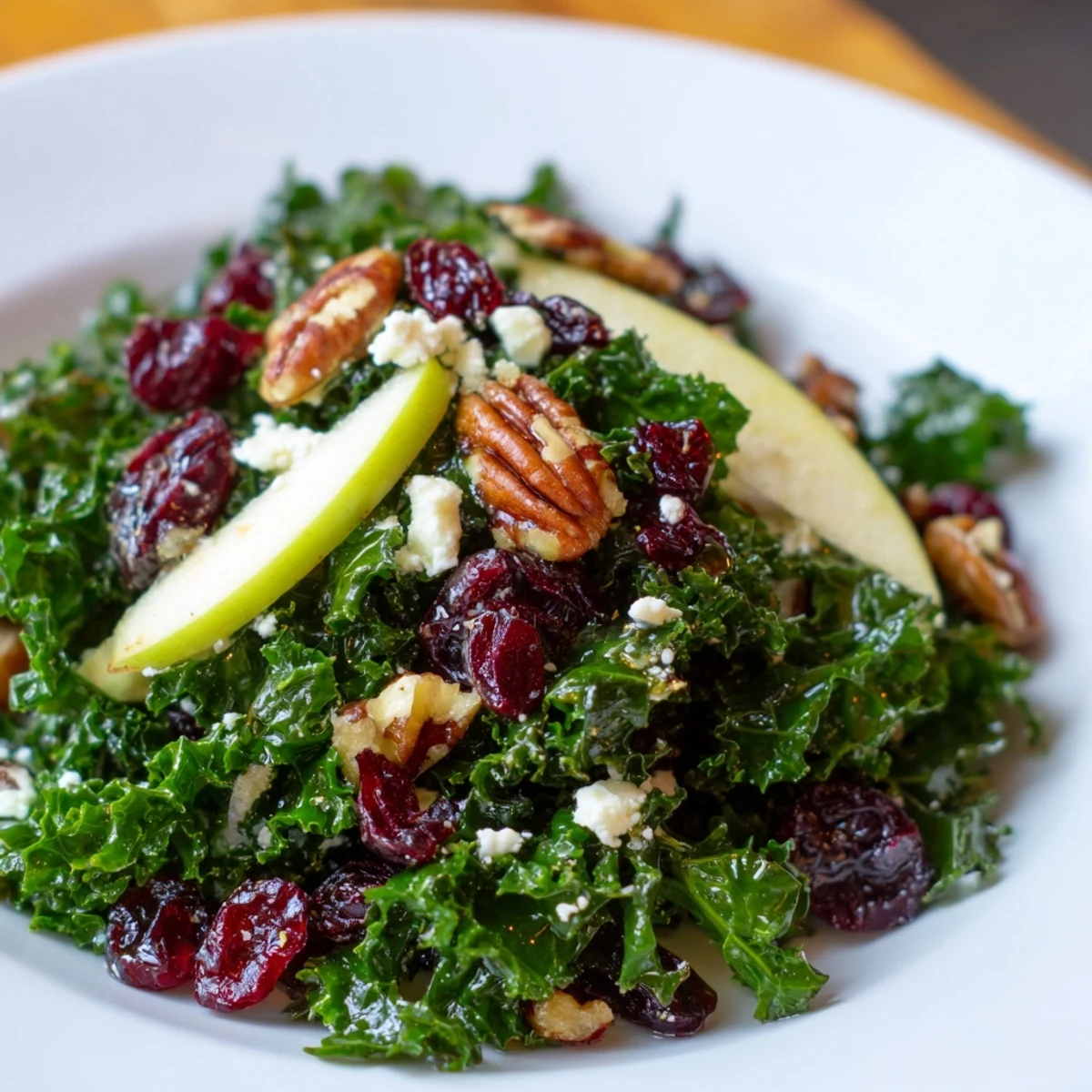 Winter Kale Salad with Dried Cranberries on a light linen backdrop, highlighting toasted nuts and a zesty citrus dressing drizzle.