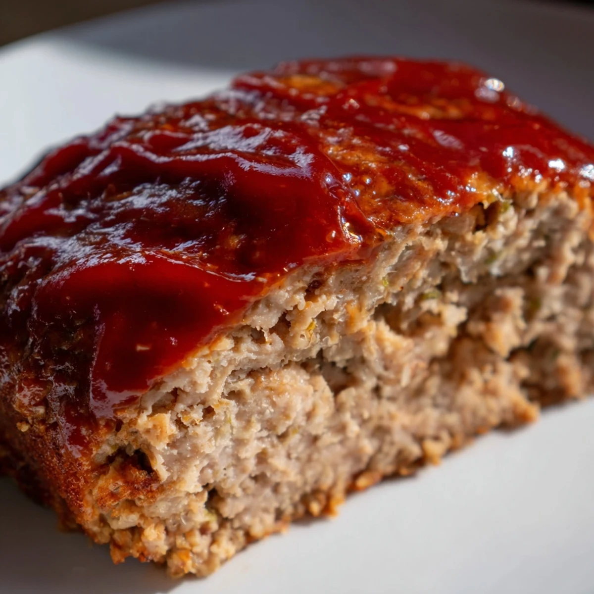 Slices of Turkey Meatloaf with Sweet Ketchup Glaze pair beautifully with mashed potatoes and green beans on a plate.