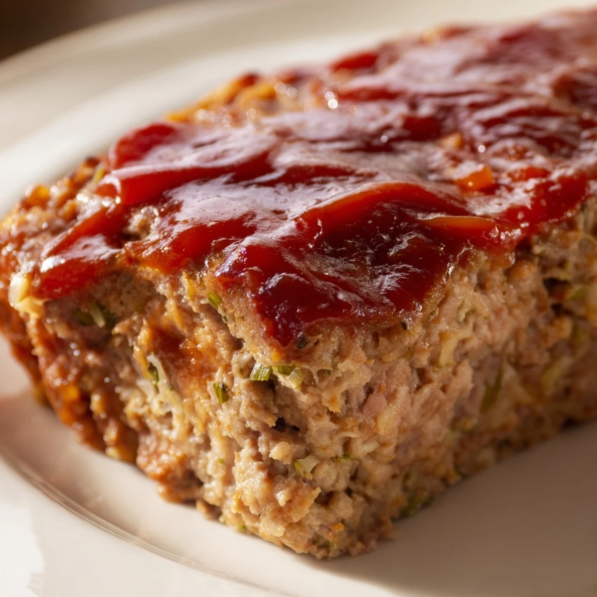 A top-down view of a golden-brown Turkey Meatloaf with Sweet Ketchup Glaze ready for a comforting family dinner.