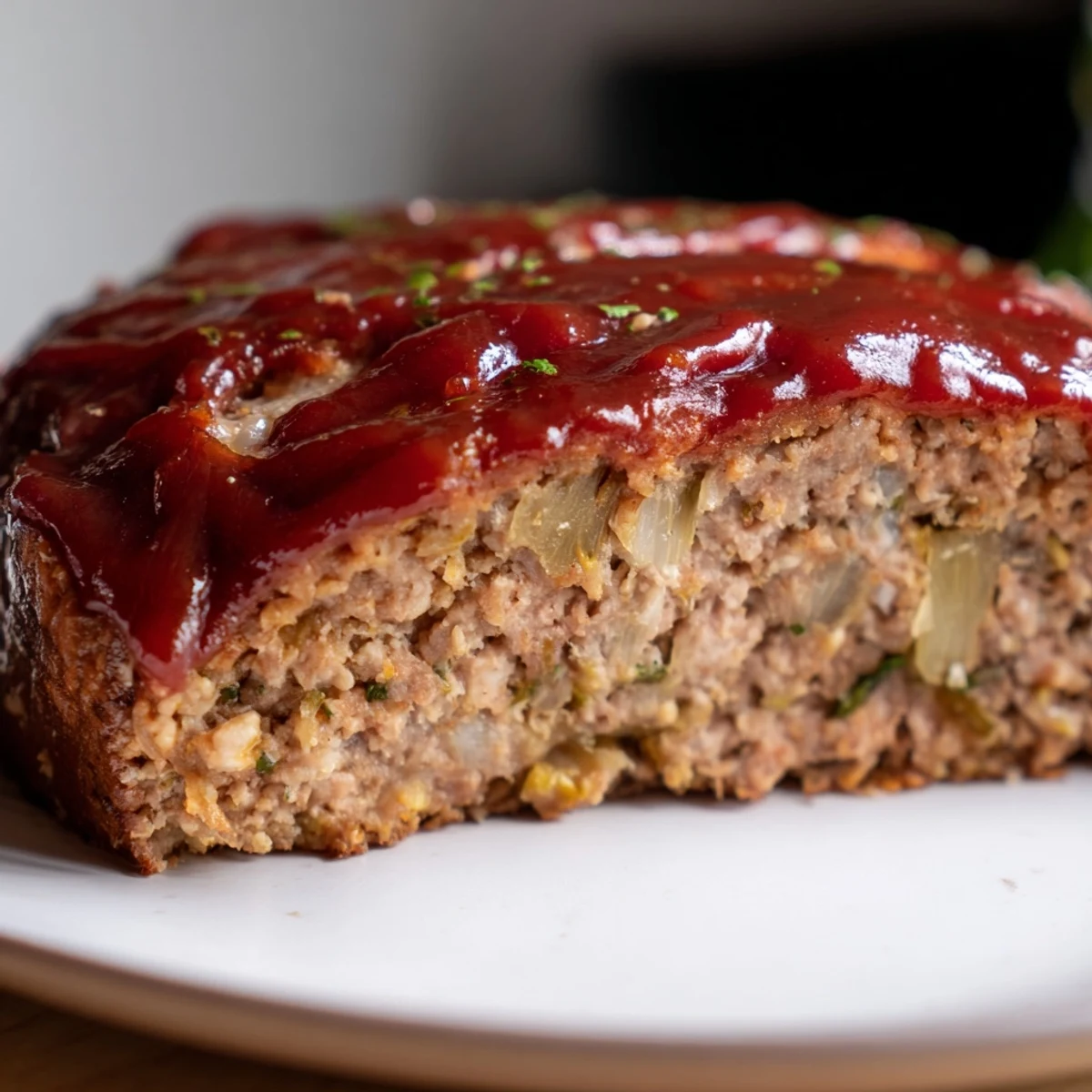 Freshly baked Turkey Meatloaf with Sweet Ketchup Glaze rests on a cutting board, garnished with chopped parsley.
